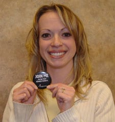 Amanda proudly displays a Join Me button