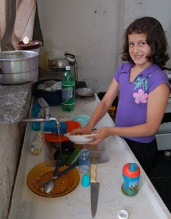 smiling girl washing dishes