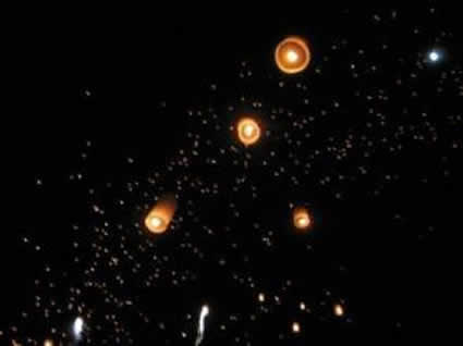hot air lanterns being released into the night sky