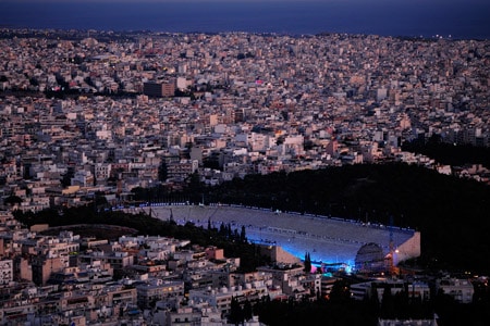 overhead view of stadium surrounded by city