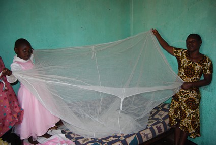 two people holding a malaria net
