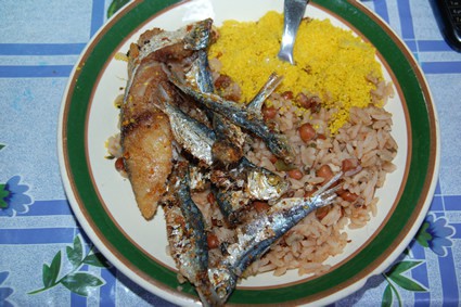 plate of rice, beans, and fish