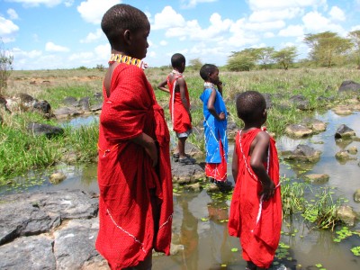 four young Maasai boys dressed in red and blue overlooking a field
