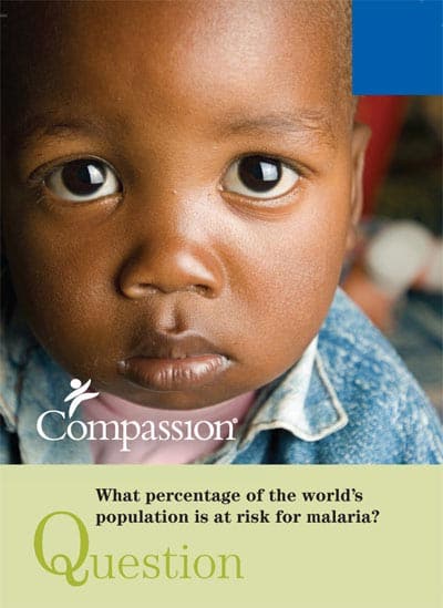 Compassion question card asking percentage of world population with malaria