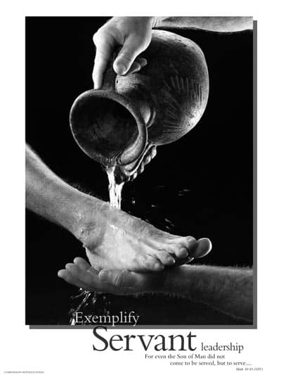 person pouring water over another person's feet, exemplify servant leadership poster
