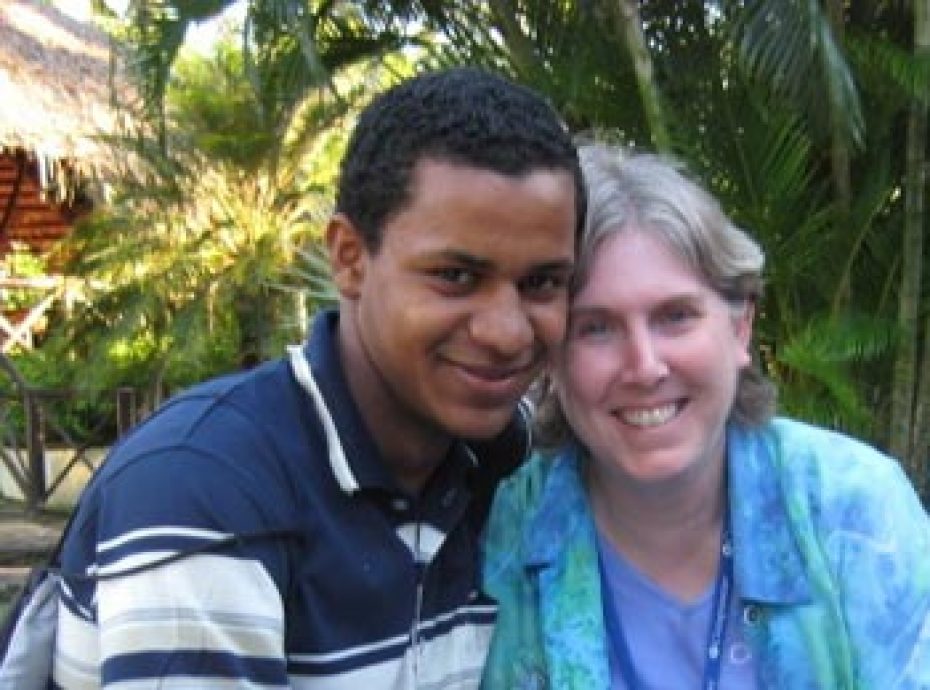 Young man and lady outside.