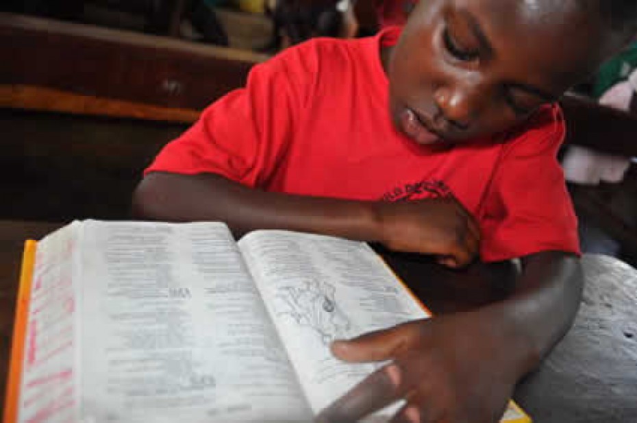 A child in a red shirt reading the Bible