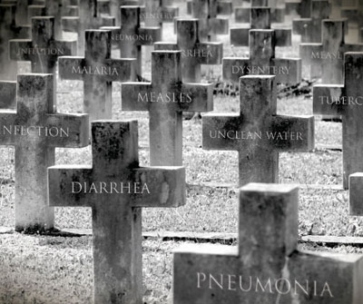 several cross headstones depicting preventable diseases