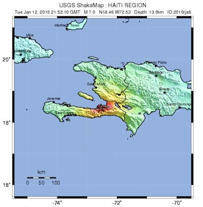 map of Haiti showing earthquake strength