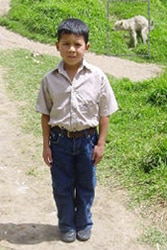 serious looking boy posing for photo with dog in the background