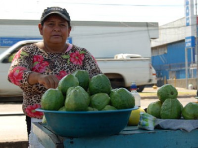 woman in the market standing in front of a bowl of gourds