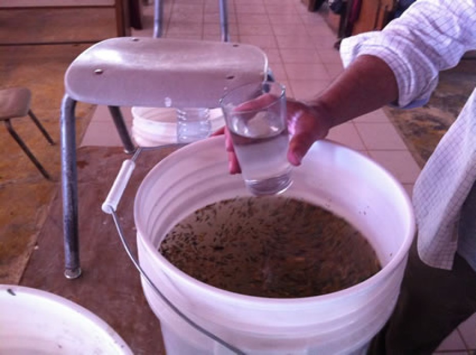 water filtration system with dirty water in a bucket and clean water in a glass