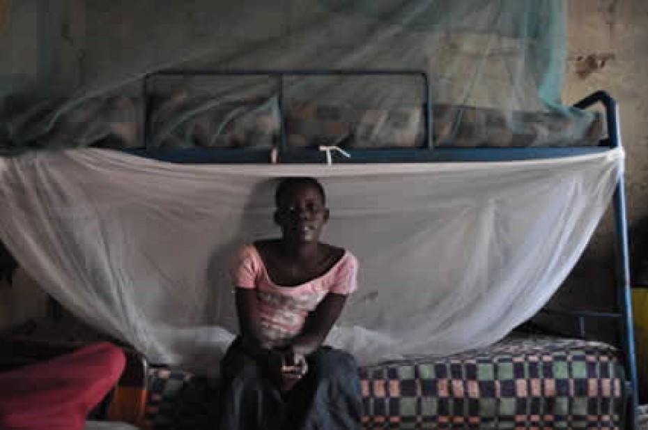 child sitting on a bed under a mosquito net