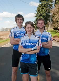 three athletes in Compassion team shirts