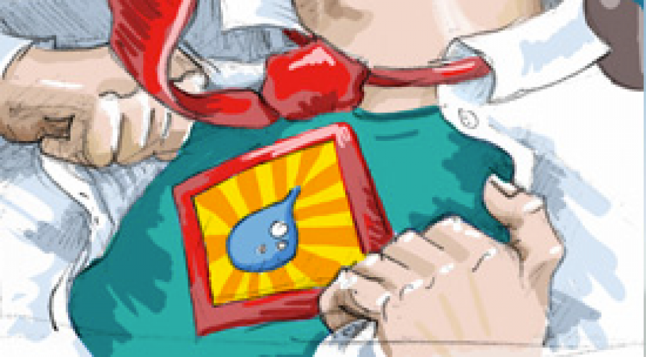 Screen shot 2011-08-08 at 9.21.27 AM a drawing of a blue shirt with a red tie raised up to reveal an insignia with a drop of water in a red diamond shape