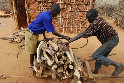 two boys stacking wood