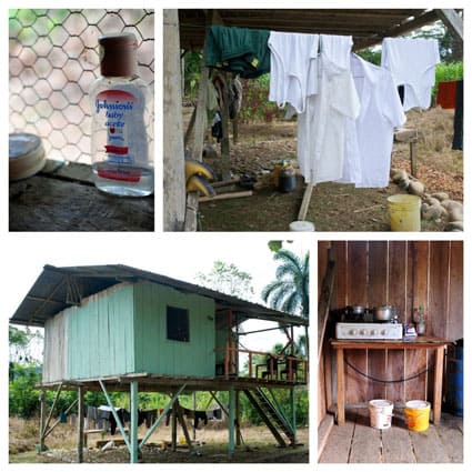 picture collage of house on stilts, baby oil, clothes hanging on line and cooking area