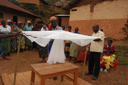 group of people learning about mosquito nets