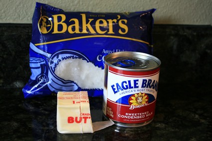 ingredients for candy, butter, coconut flakes and sweetened condensed milk