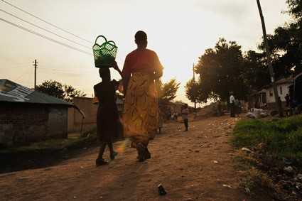 woman and child walking away