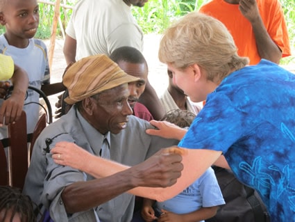 woman meeting an elderly man