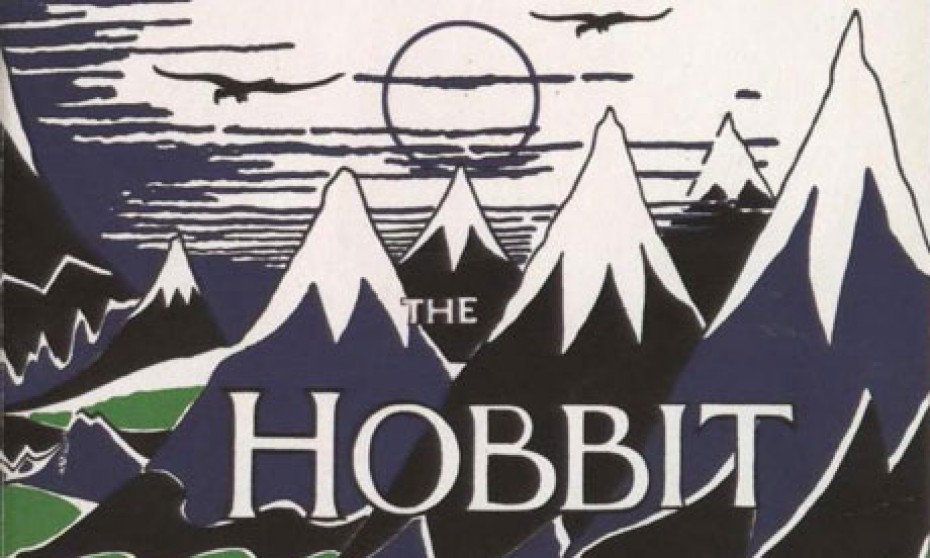 Black and white poster titled Hobbit with mountains and a sunset in the backgroundntains and a sunset titled Hobbit