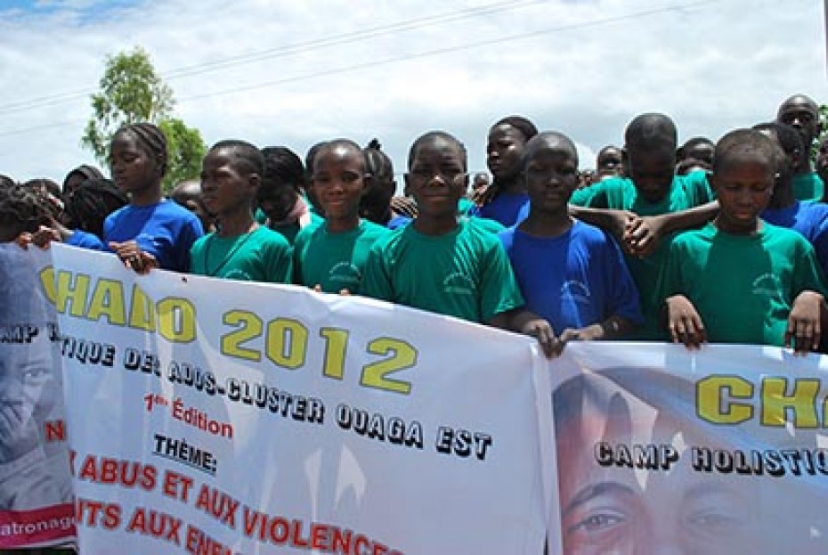 group of children holding banners