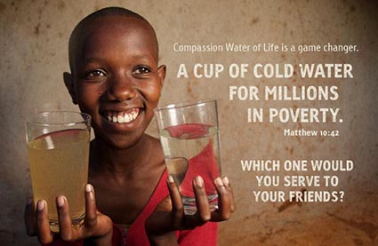 A poster with a child holding a glass of clean water and a glass of dirty water