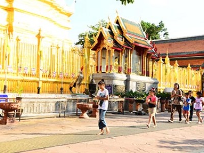 children walking in front of Buddhist temple