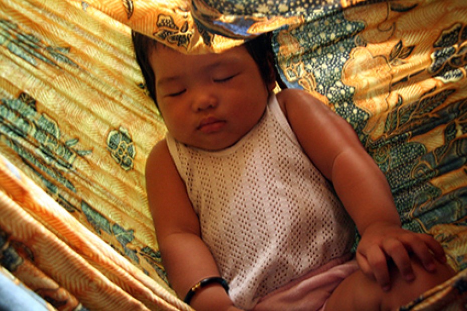 small child sleeping in hammock