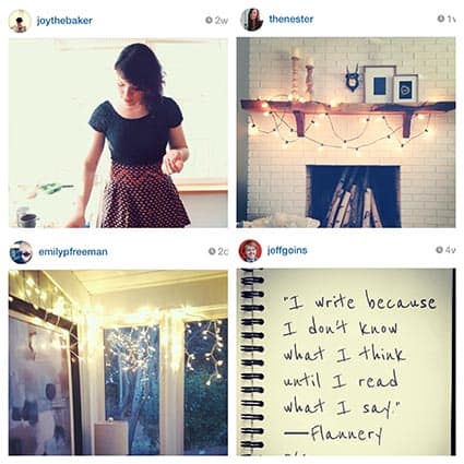 collage of photos of woman in kitchen, mantle over fireplace decorated with lights, twinkle lights in a living area, post-it note with a quote