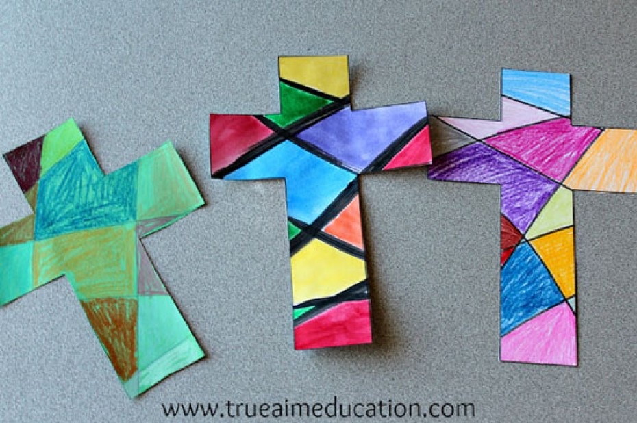 cross-craft Crosses made with paper to look like stained glass by children