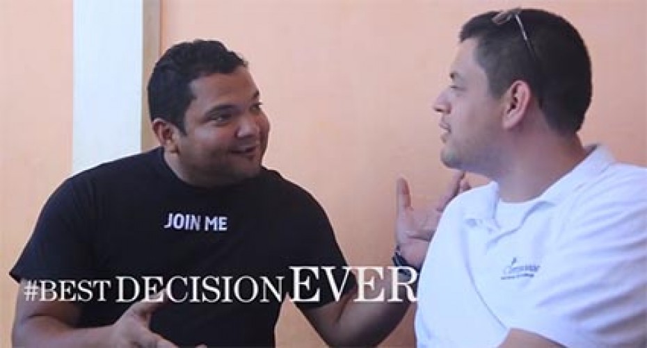 best decision ever Two men talking - One in a black shirt and one in a white shirt
