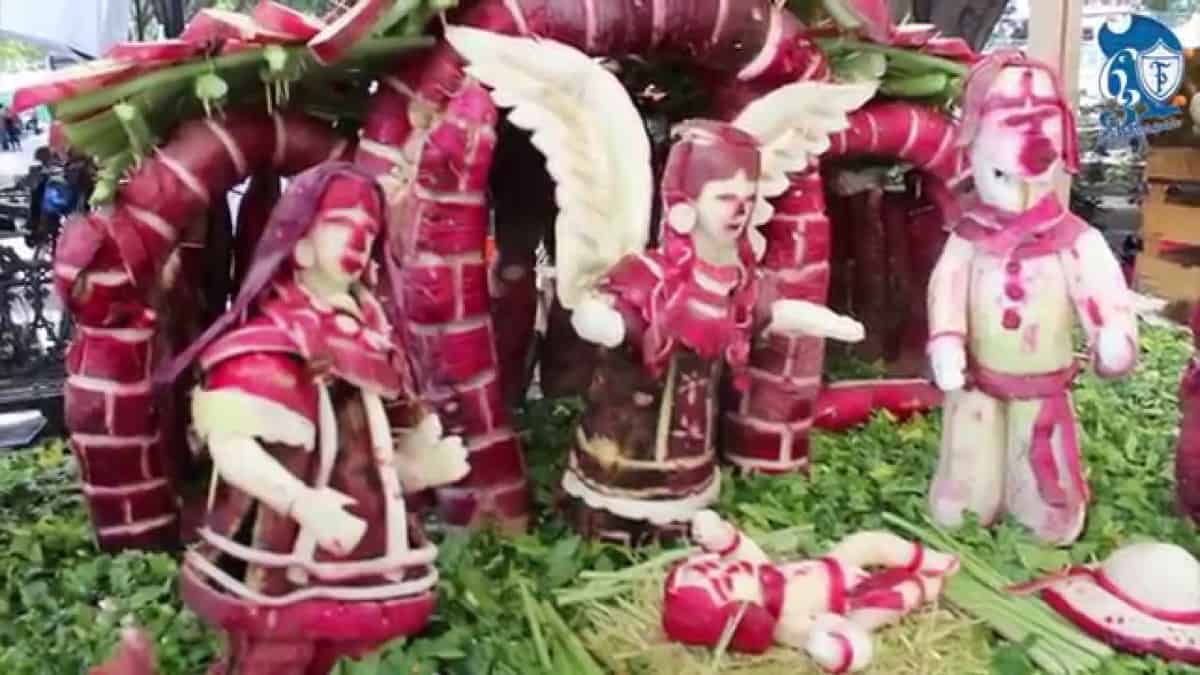 Radishes are sculpted into intricate figures