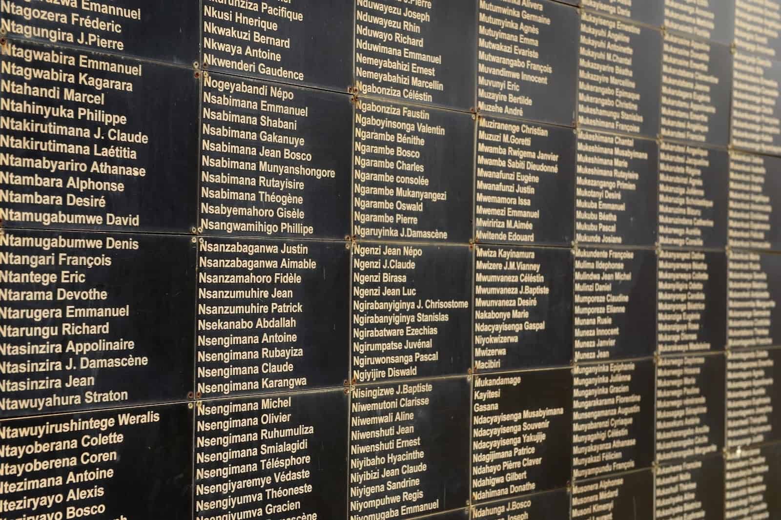 A black wall with a large number of names on it at the Genocide Memorial in Kigali, Rwanda.