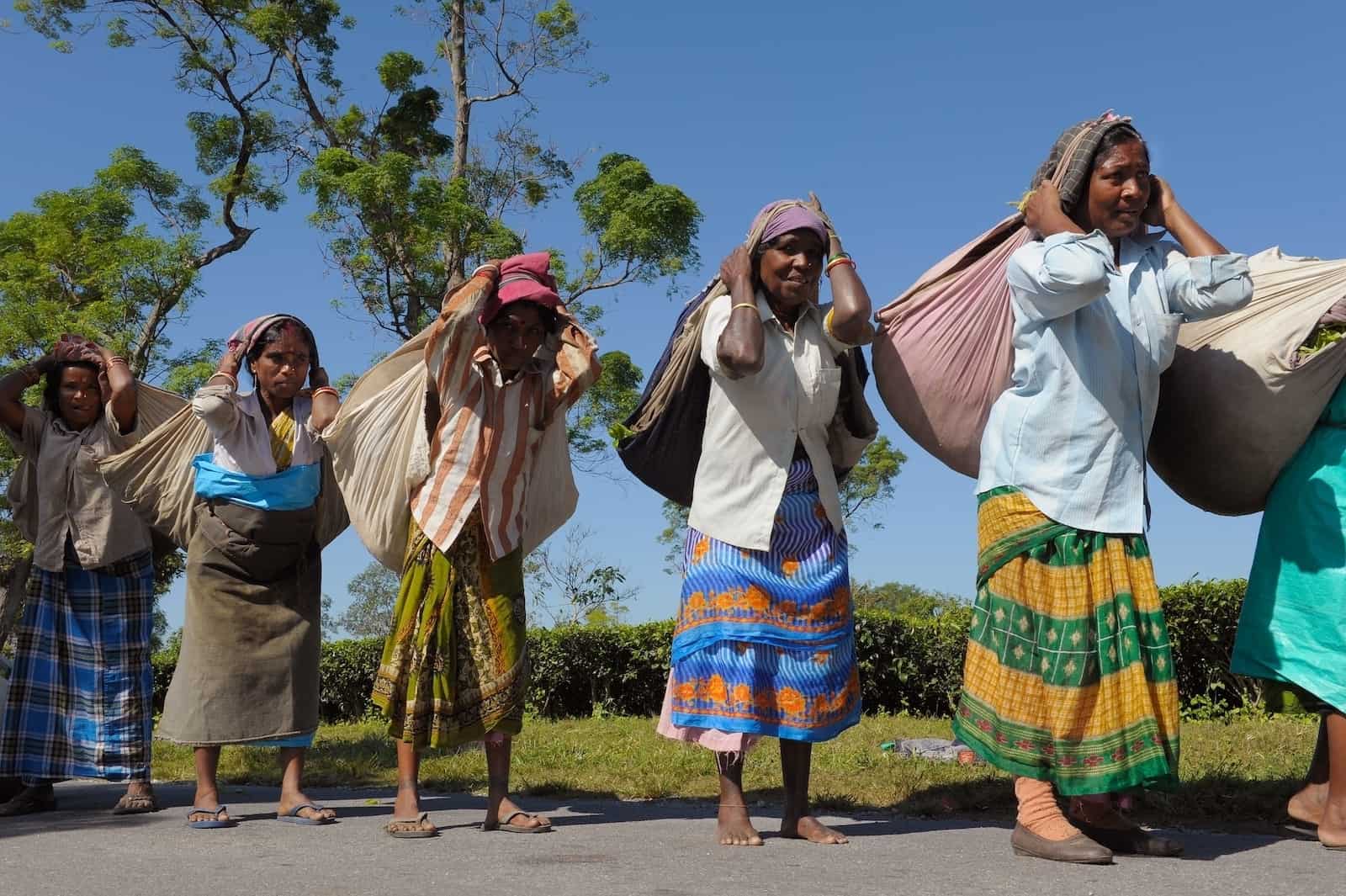 Women stand outside in a line carrying heavy bags full of tea leaves, the most popular drink in the world, strapped to their heads. They wear colorfully patterned skirts and shirts.