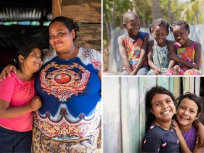 A collage of photos including a girl and mom standing in a doorway of a wood home, two girls hugging in front of a green wood wall and three children sitting on a bridge together.