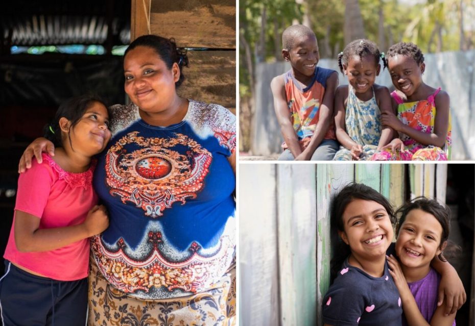 A collage of photos including a girl and mom standing in a doorway of a wood home, two girls hugging in front of a green wood wall and three children sitting on a bridge together.