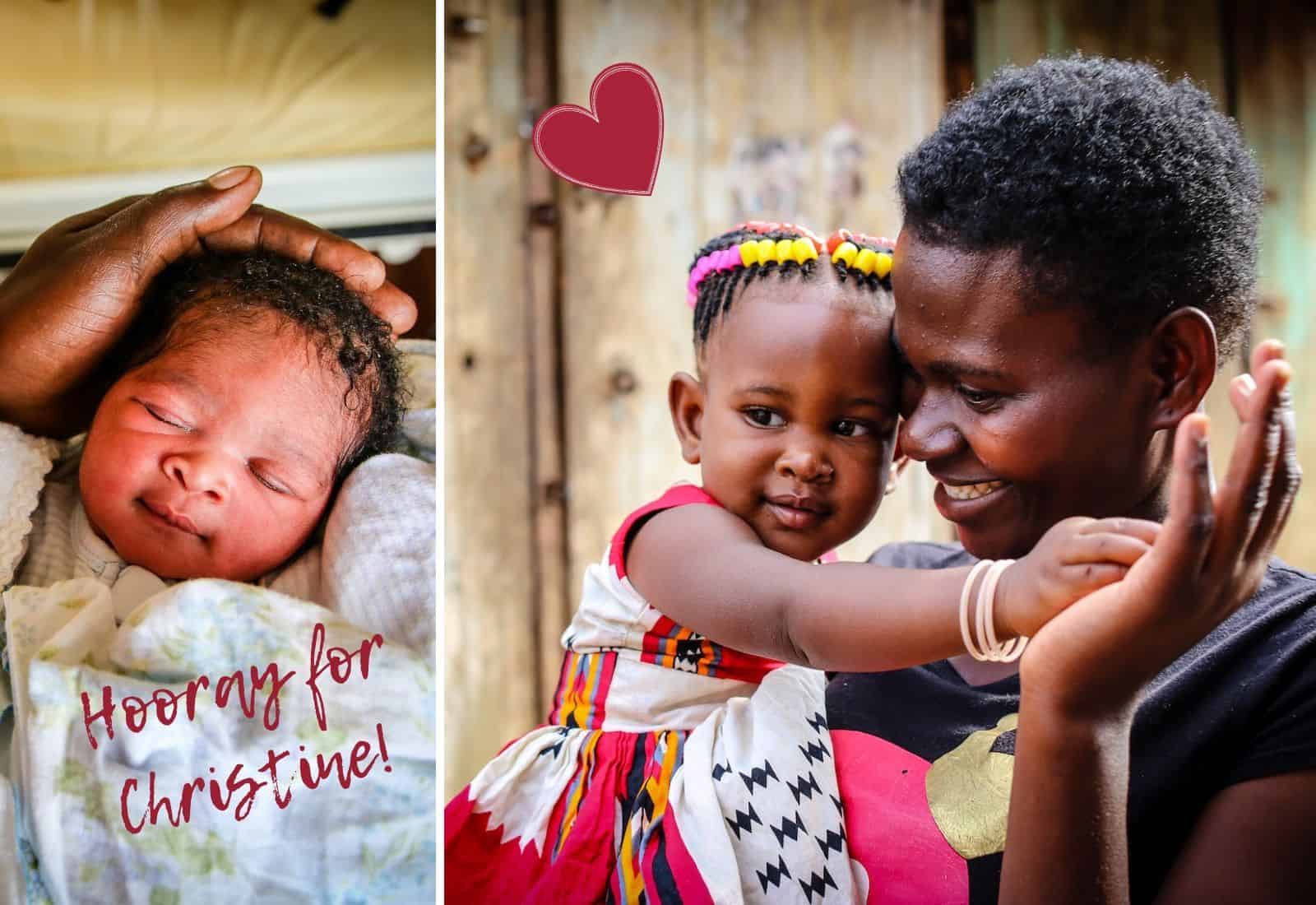 Two photo, one on the left of a newborn baby. Text reads: Hooray for Christine! On the right is a woman in a black shirt holding a girl in a red and white dress, smiling at her, celebrating her birthday milestone. 