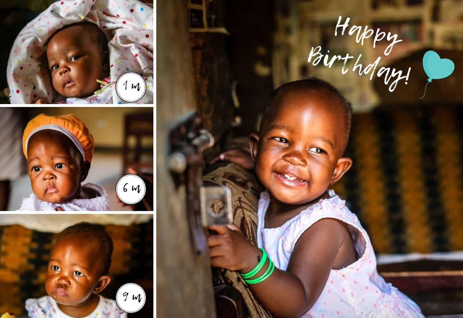 A collage of four pictures of babies at different ages. Text reads: 1 m, 3 m, 6 m and Happy Birthday! 