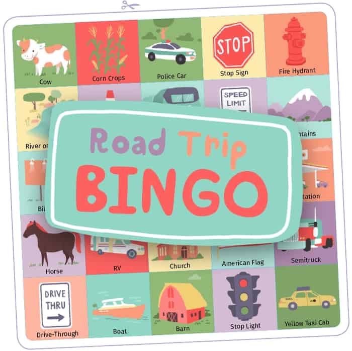 A bingo card with pictures of items you see on the road, like stop signs and taxis, with the text: Road Trip Bingo.