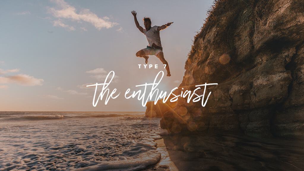 A man jumps off of a cliff into the water above a sunset. Text: Type 7: The Enthusiast