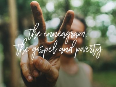 An up-close of fingers making the peace sign. Text: The Enneagram, the Gospel and Poverty