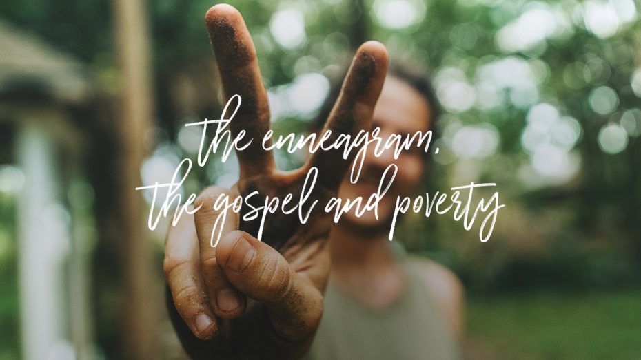 An up-close of fingers making the peace sign. Text: The Enneagram, the Gospel and Poverty