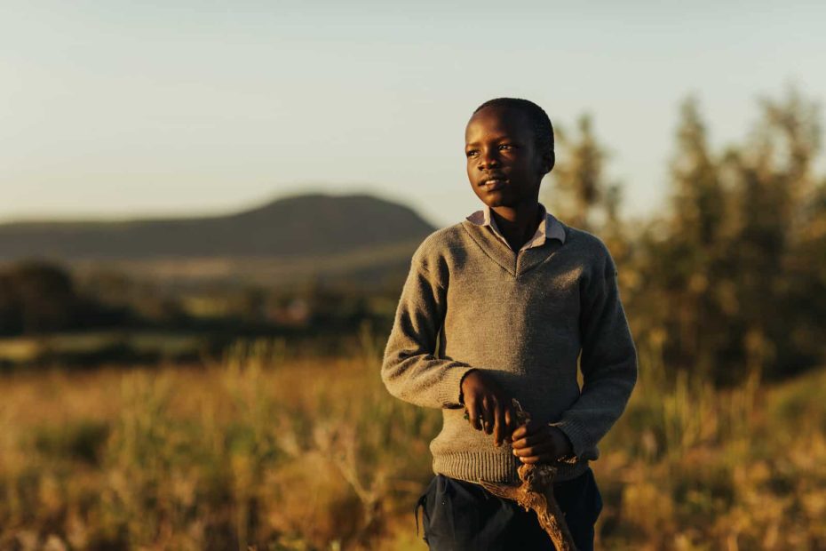 A boy wearing a grey sweater holding a wooden stick stands in the sunset in a field, looking into the distance.