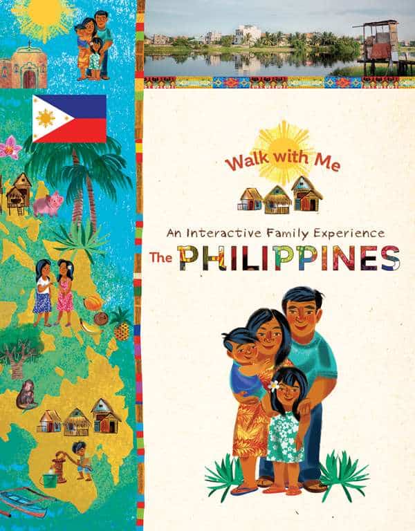 The cover of a book with illustrations of the Philippines with children and families, saying "Walk With Me: An Interactive Family Experience, the Philippines"