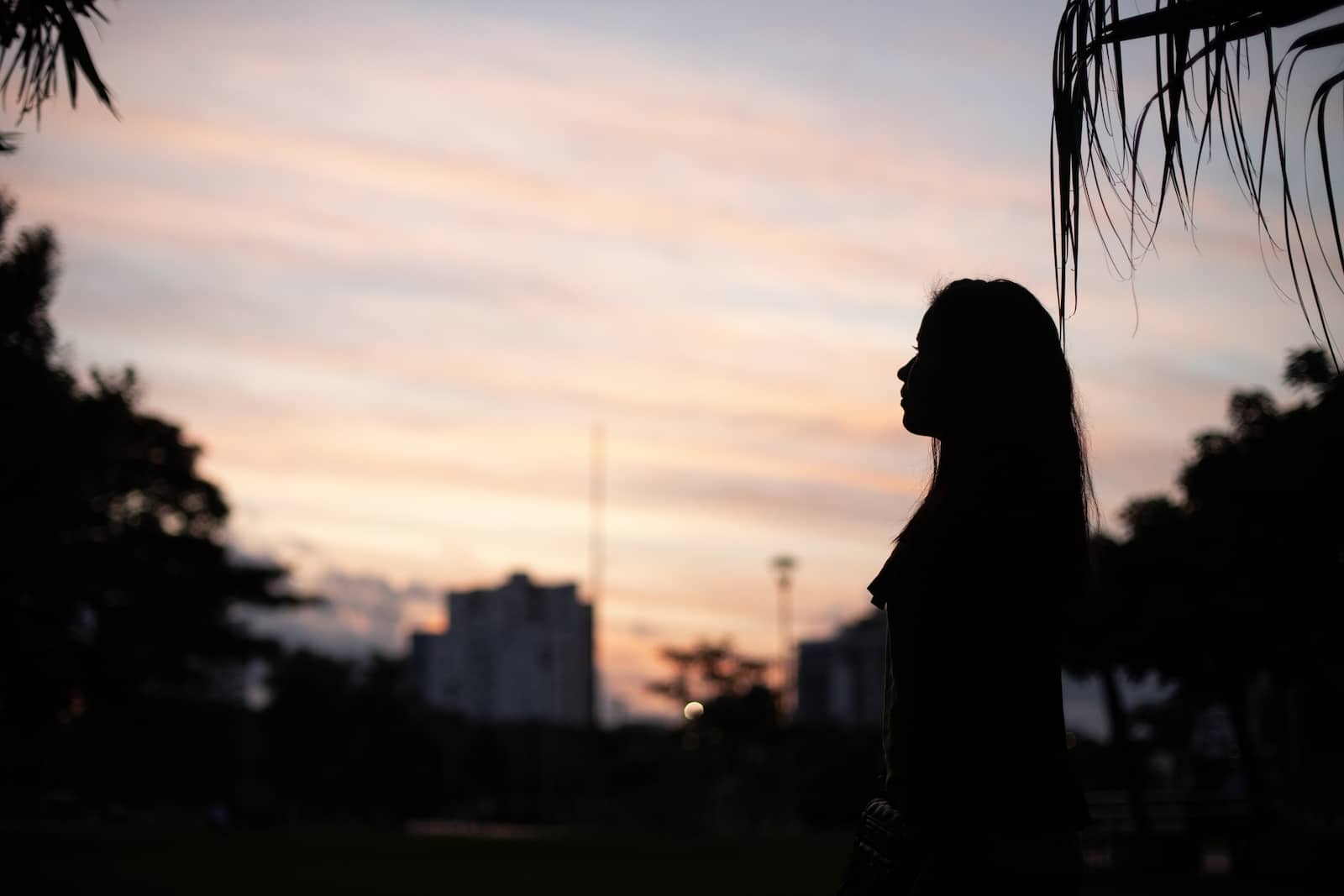 A young woman is silhouetted against a dusk sky. 