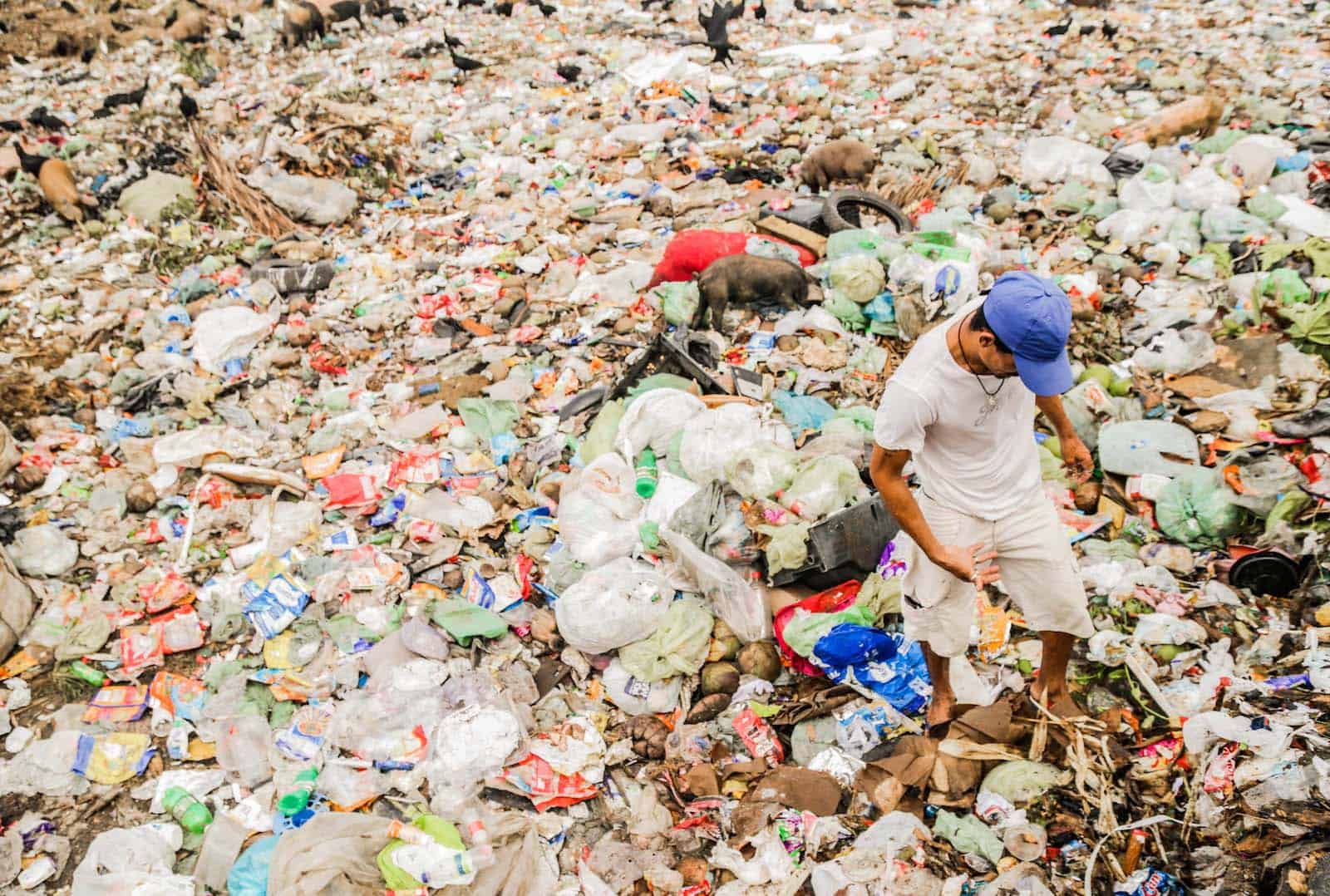 A man stands in a large pile of trash, looking for plastic.
