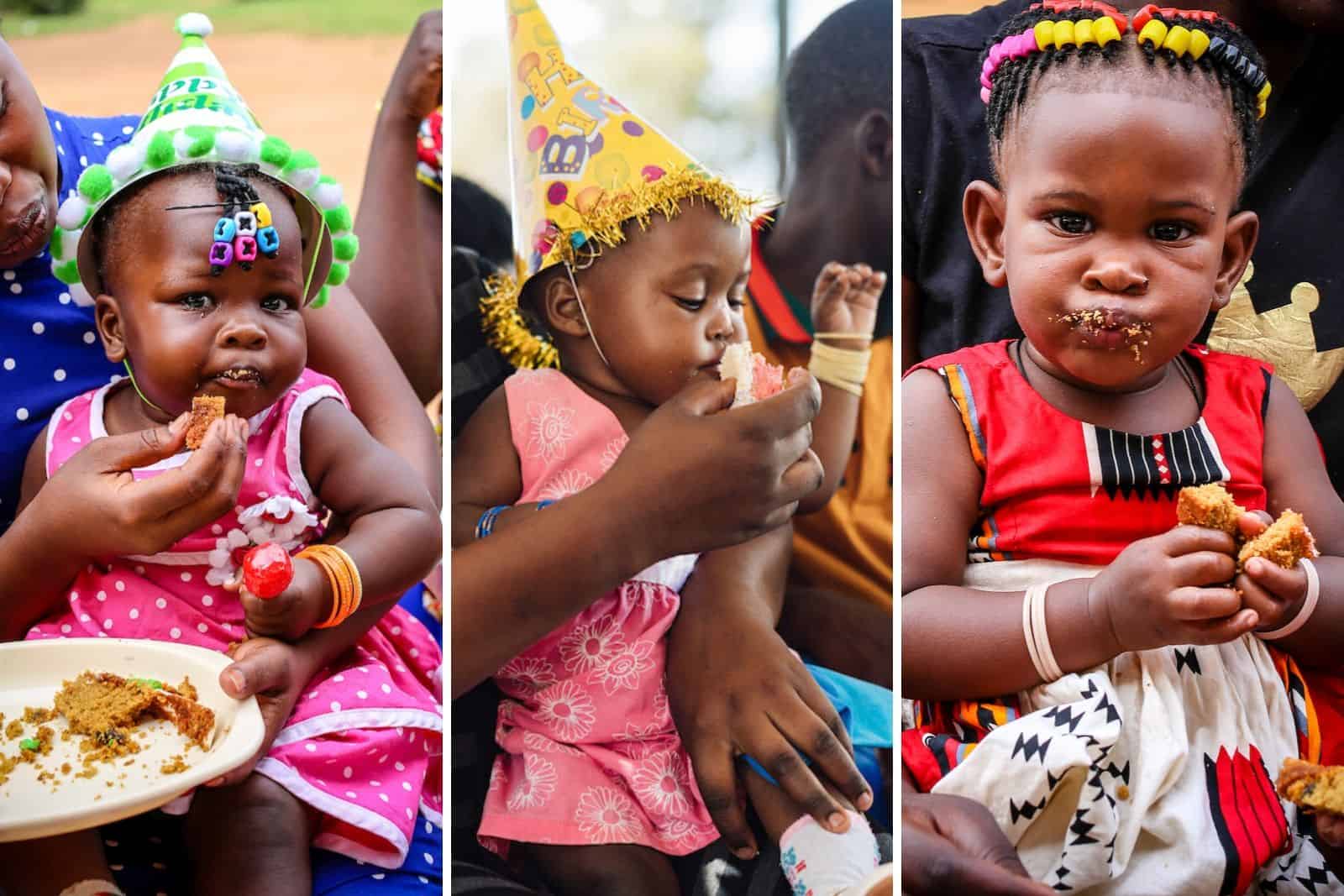 A collage of three babies eating birthday cake, wearing birthday hats.