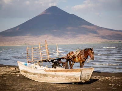 A horse stands next to a boat in front of a lake and volcano.